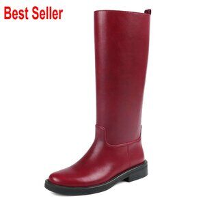 Faux Leather Knee High Boots Low Chunky Heel Wide Calf Riding Boots